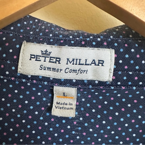Peter Millar Mens large Summer Comfort Navy Blue Polo Shirt Polka Dot Golf - Picture 3 of 4